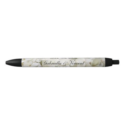 White Hydrangea Flower Wedding Save the Date Black Ink Pen