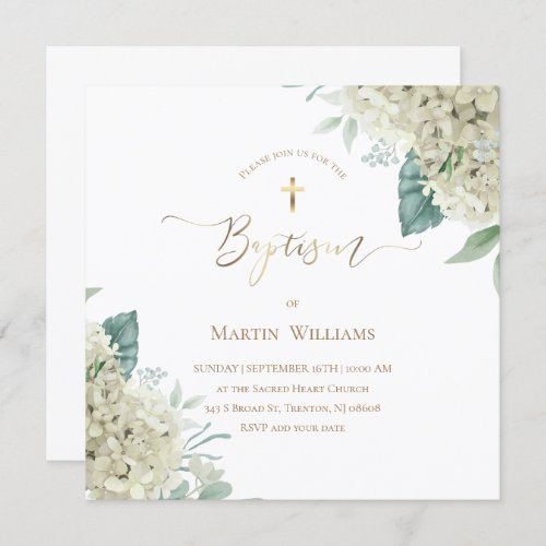 white Hydrangea flowers  Baptism Invitation