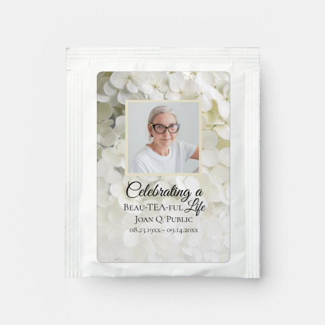 White Hydrangea Flowers Funeral Memorial Favor Tea Bag Drink Mix (Front)