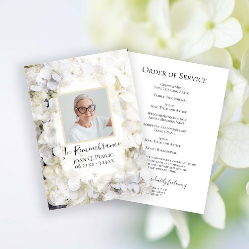 White Hydrangea Flowers Funeral Memorial Service Program