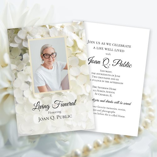 White Hydrangea Flowers Living Funeral Party Invitation