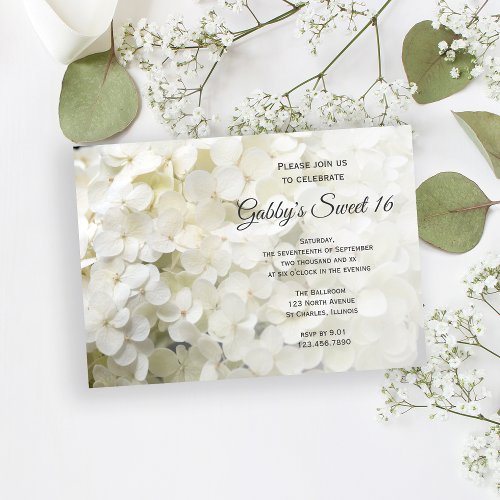 White Hydrangea Sweet 16 Birthday Party Invitation
