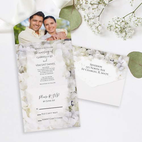 White Hydrangea Flowers Watercolor Wedding  All In One Invitation