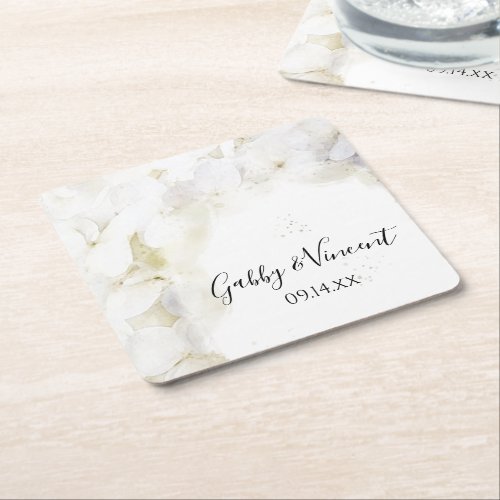 White Hydrangea Flowers Watercolor Wedding Square Paper Coaster