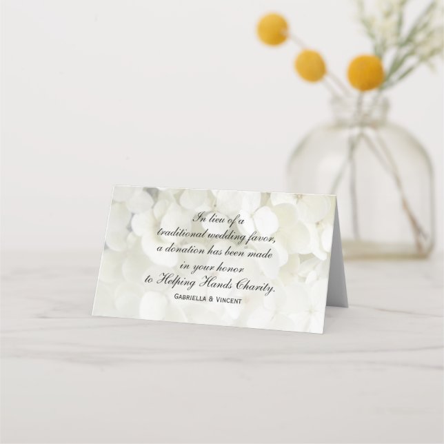White Hydrangea Flowers Wedding Charity Favors Place Card (Front)