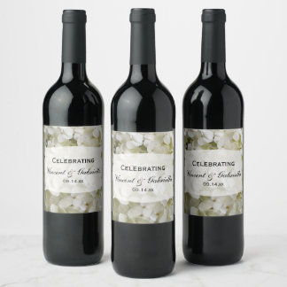 White Hydrangea Flowers Wedding Wine Label