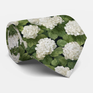 White Hydrangea Flowers with Green Leaves Pattern Neck Tie