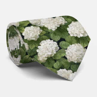 White Hydrangea Flowers with Green Leaves Pattern Neck Tie