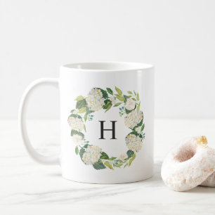 White Hydrangea Flowers Wreath Monogram Coffee Mug