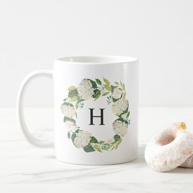 White Hydrangea Flowers Wreath Monogram Coffee Mug (With Donut)