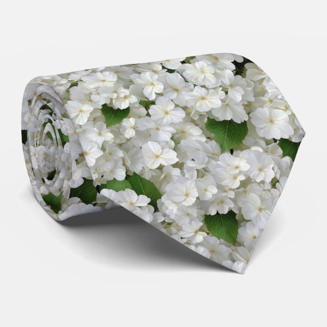 White Hydrangea Garden Pattern Neck Tie (Rolled)