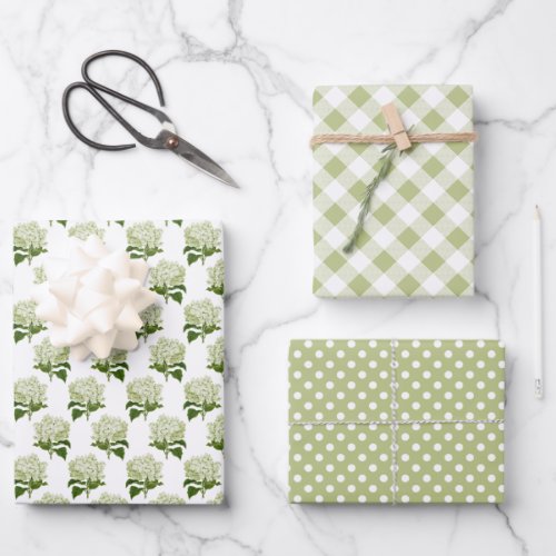 White Hydrangea Gingham and Polka Dot Pattern Wrapping Paper Sheets