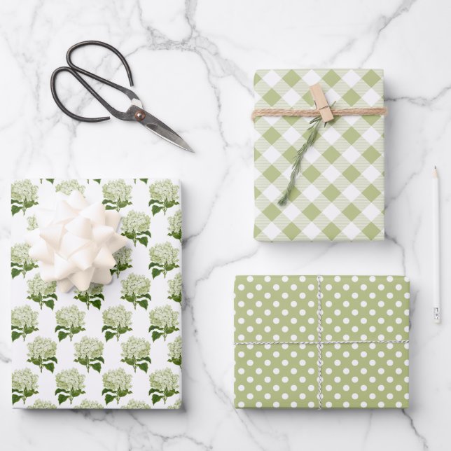 White Hydrangea Gingham and Polka Dot Pattern Wrapping Paper Sheets (Front)