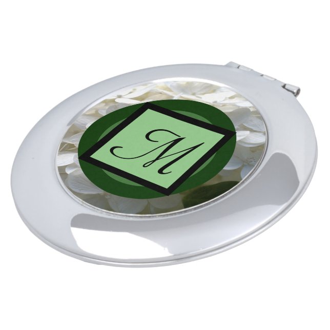 White Hydrangea Green Monogrammed Compact Mirror (Turned)