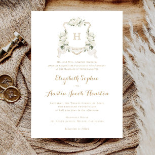 White Hydrangea Greenery Crest Monogram Wedding Invitation