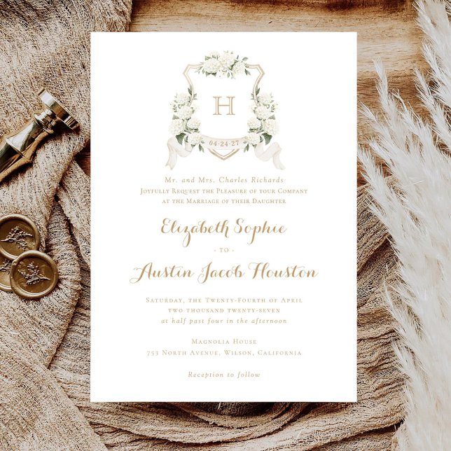 White Hydrangea Greenery Crest Monogram Wedding Invitation (Creator Uploaded)