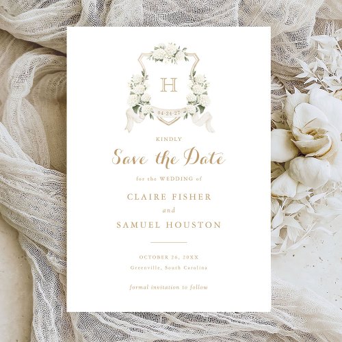 White Hydrangea Greenery Crest Save the Date Invitation