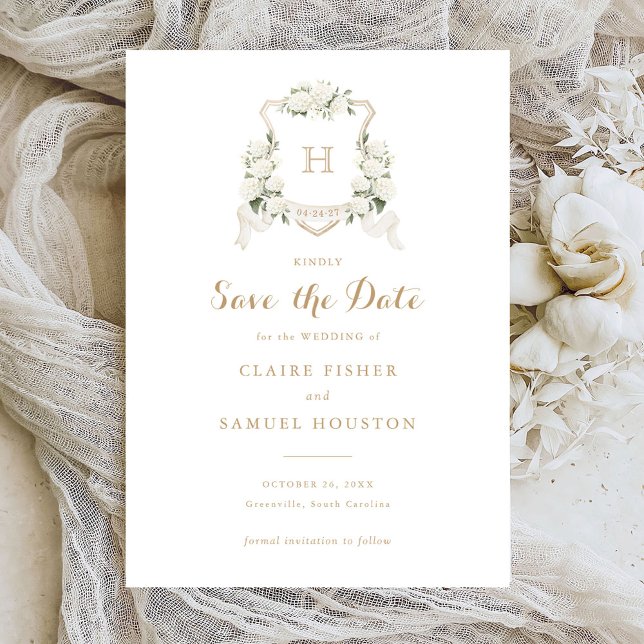 White Hydrangea Greenery Crest Save the Date Invitation (Creator Uploaded)