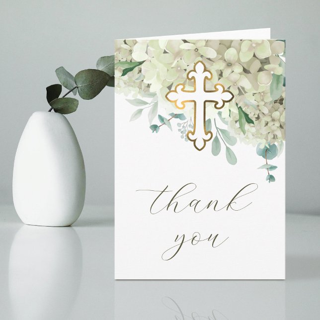 White Hydrangea Holy Cross Religious Thank You Card (Creator Uploaded)
