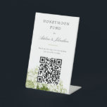 White Hydrangea Honeymoon Fund Donation Sign<br><div class="desc">This easy to customize table top sign solicits donations for a cause at events with an easy to scan QR code directing people to your specific website. In this format it offers wedding and shower guests to donate to the couple's honeymoon fund. Classic fonts in charcoal on white and chic...</div>