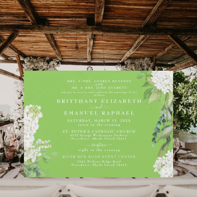 White Hydrangea Lime Green Both Parents Wedding II Invitation (Creator Uploaded)