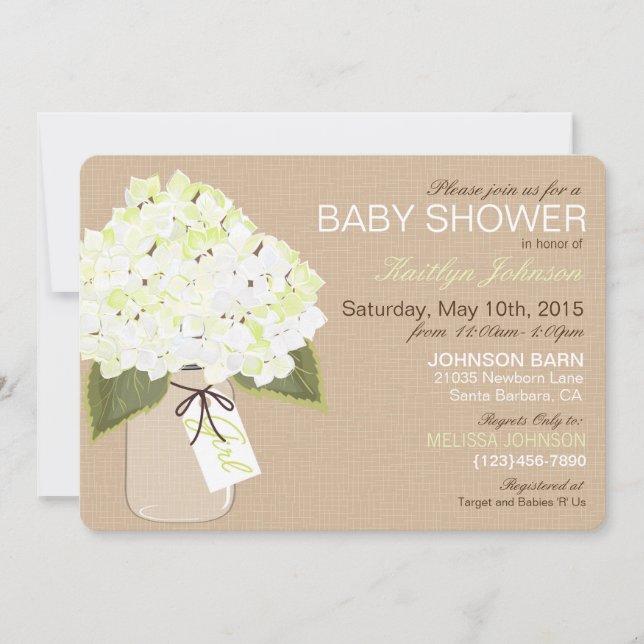 White Hydrangea Mason Jar Rustic Baby Shower Invitation (Front)