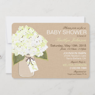 White Hydrangea Mason Jar Rustic Baby Shower Invitation