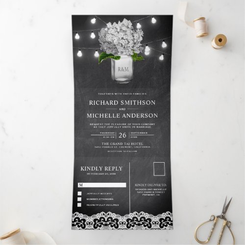 White Hydrangea Mason Jar String Lights Wedding Tri_Fold Invitation