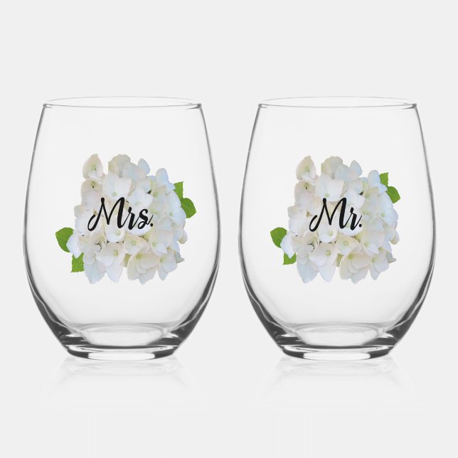 White Hydrangea Mr. and Mrs. Stemless Wine Glass (Front)