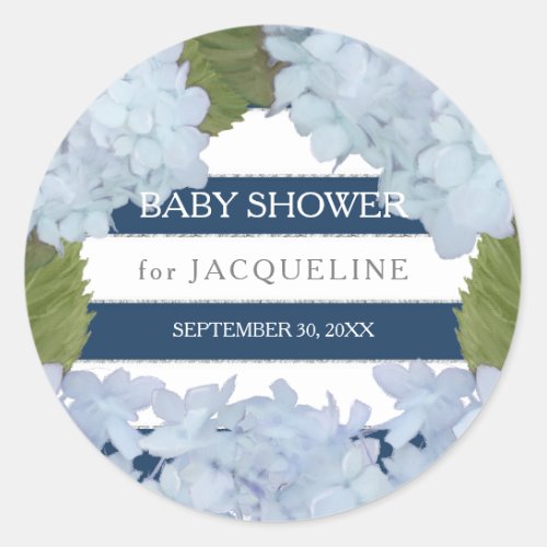 White Hydrangea Navy Blue Striped Baby Shower Classic Round Sticker