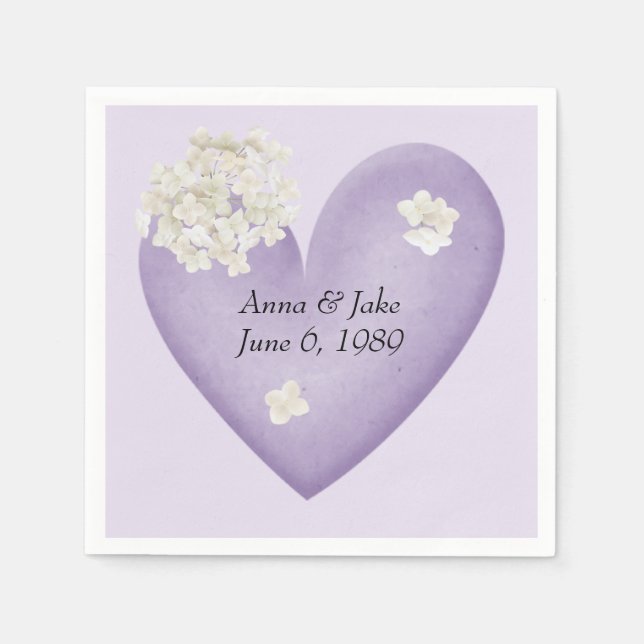 White Hydrangea on Heart Anniversary Napkins (Front)