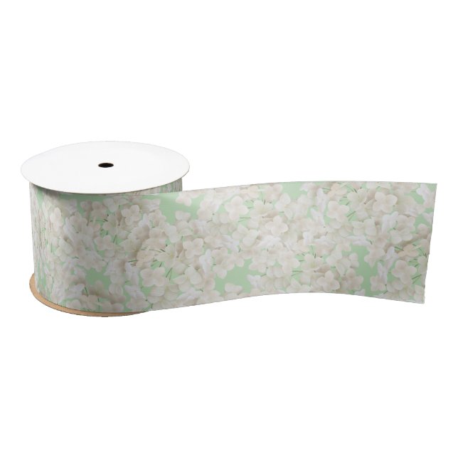White Hydrangea On Mint Green Satin Ribbon (Spool)