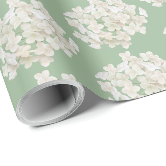 White Hydrangea On Sage Green Wrapping Paper (Roll Corner)