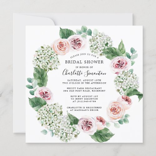 White Hydrangea Pink Rose Floral Bridal Shower Invitation