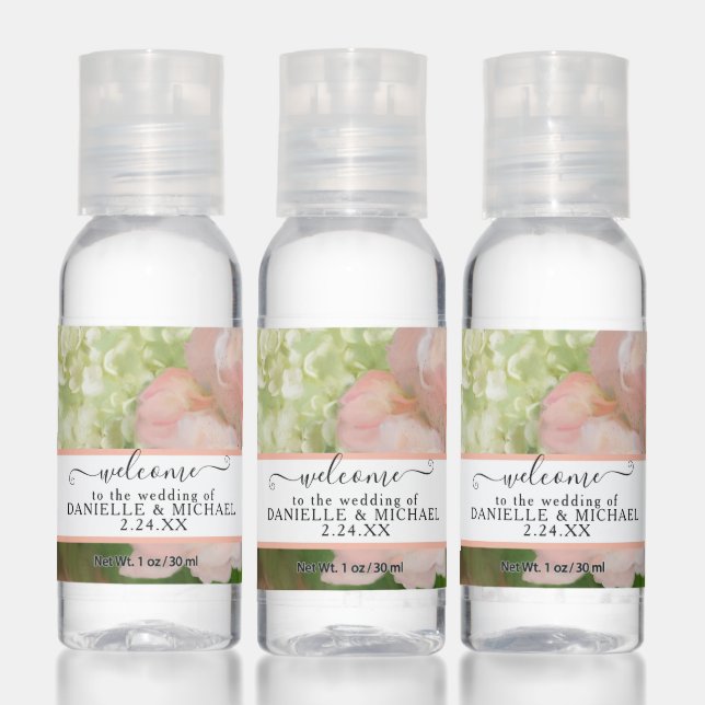 White Hydrangea Pink Rose Floral Garden Wedding Hand Sanitizer (Set)