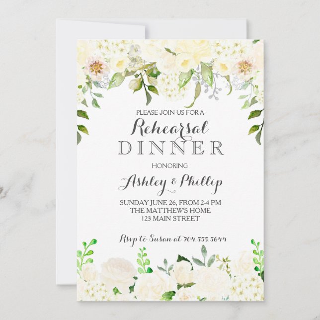 White hydrangea Rehearsal dinner invitation (Front)