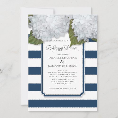 White Hydrangea Rehearsal Dinner Navy Striped Invitation