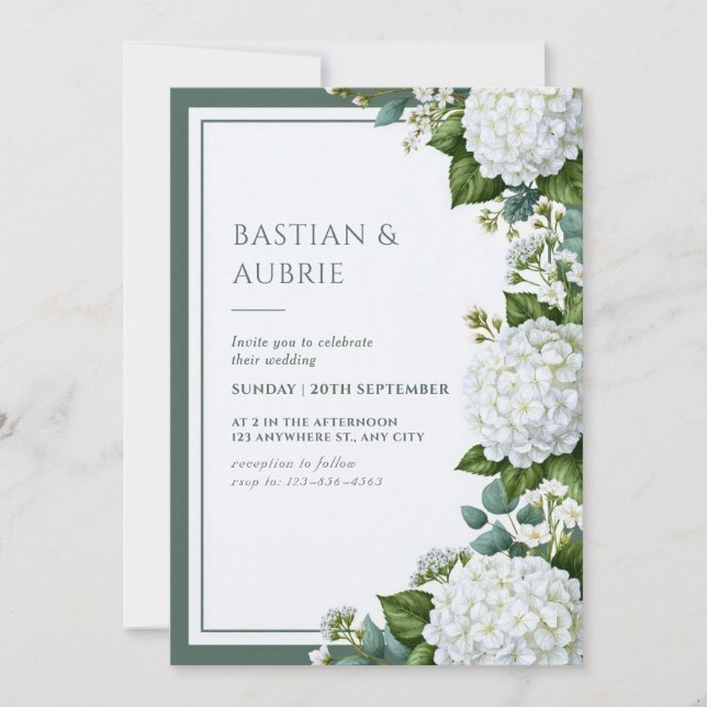 White Hydrangea Sage Wedding Invitation (Front)