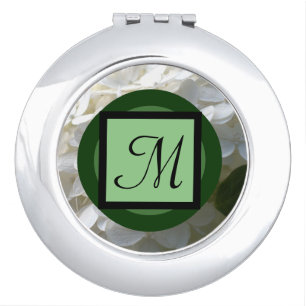 White Hydrangea Script Monogrammed Compact Mirror