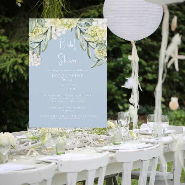 White Hydrangea Sky Blue Bridal Shower Invitation (Creator Uploaded)