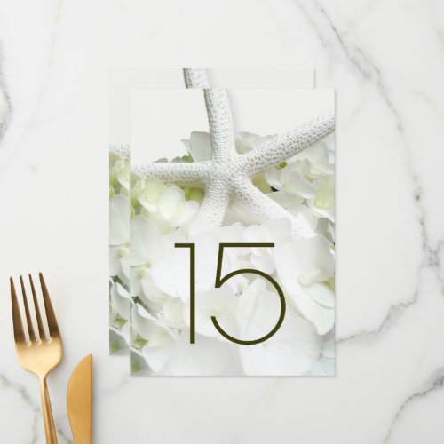 White Hydrangea Starfish Floral Table Number Cards