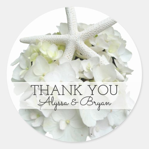 White Hydrangea Starfish Wedding Thank You Classic Round Sticker