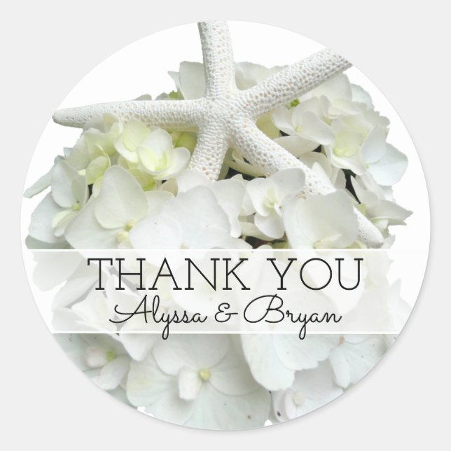 White Hydrangea Starfish Wedding Thank You Classic Round Sticker (Front)