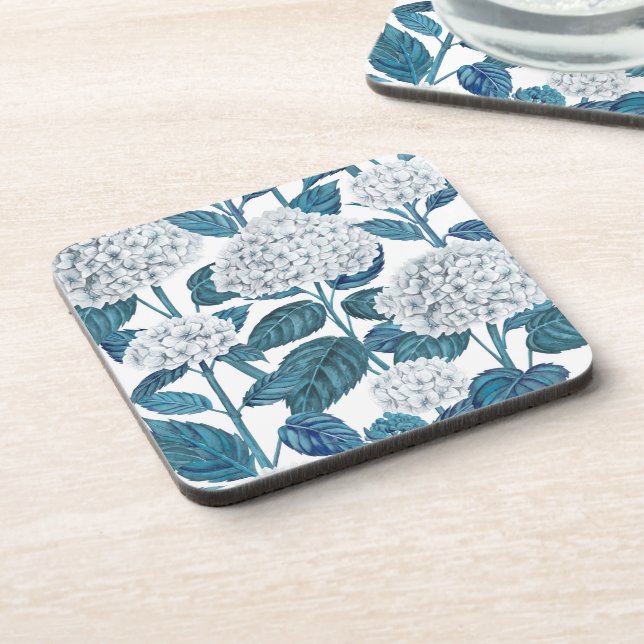 White hydrangea watercolor beverage coaster (Left Side)