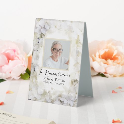 White Hydrangea Watercolor Celebration of Life Table Tent Sign