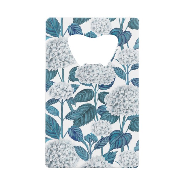 White hydrangea watercolor credit card bottle opener (Front)