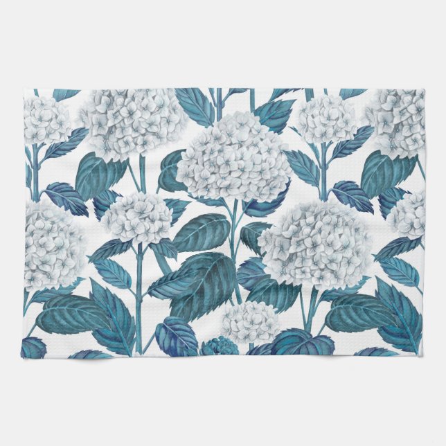 White hydrangea watercolor kitchen towel (Horizontal)