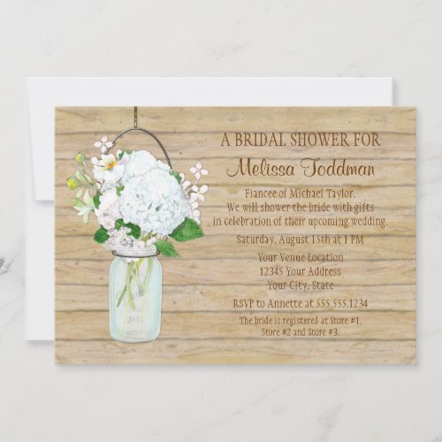 White Hydrangea Watercolor Mason Jar Flowers Invitation