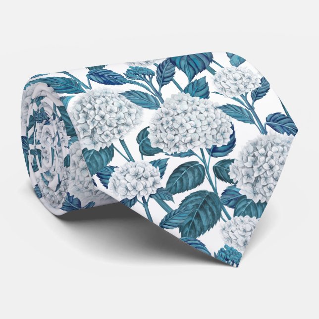 White hydrangea watercolor neck tie (Rolled)