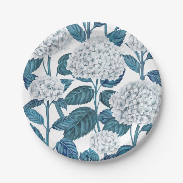 White hydrangea watercolor paper plates (Front)